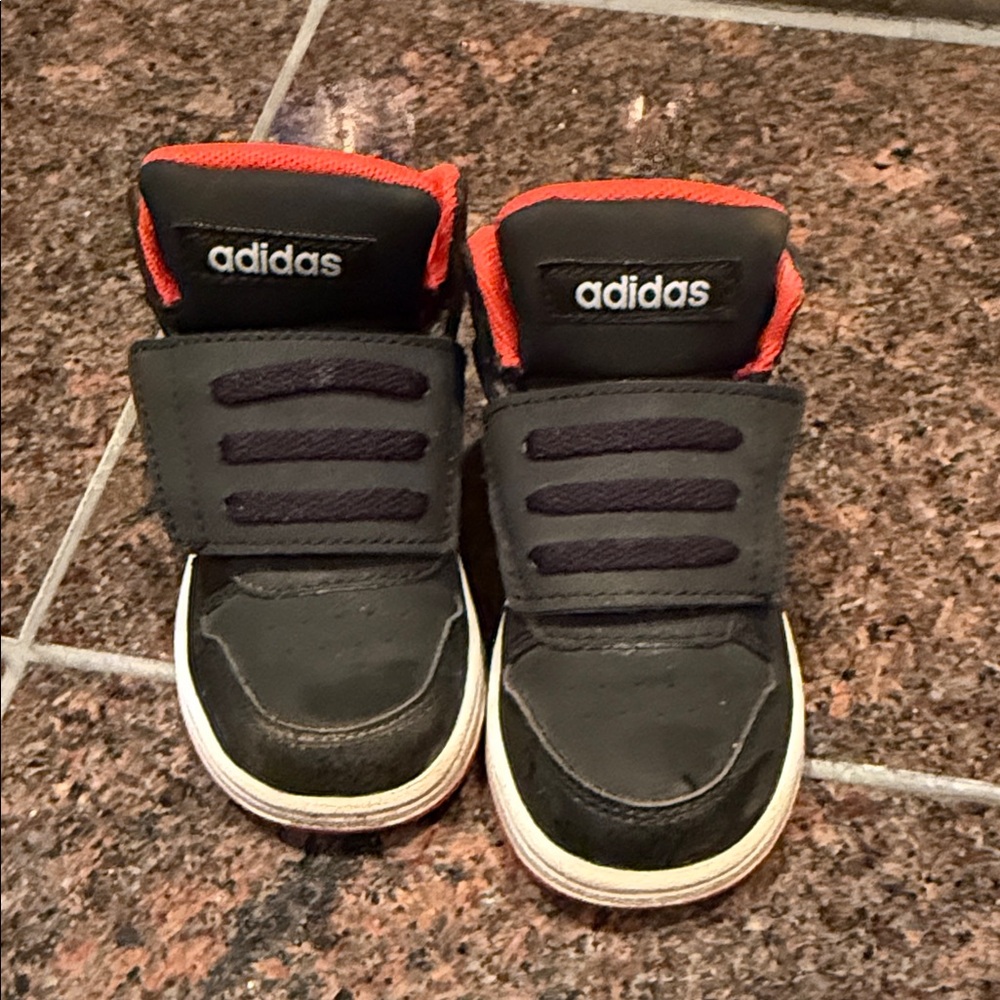 Adidas Kids Black Sneakers with Red Highlights